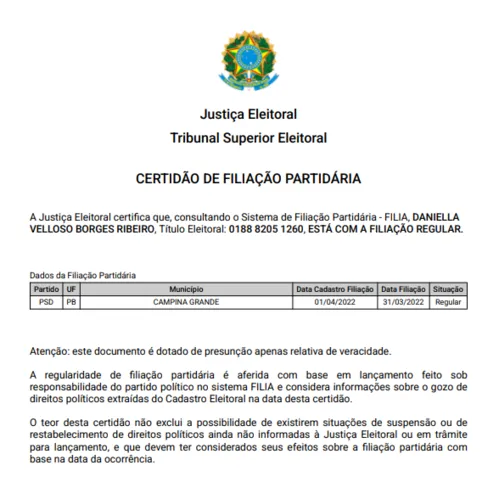 
					Daniella aparece filiada ao PSD, e TRE dá três dias para ela comprovar filiação ao PP
				
				