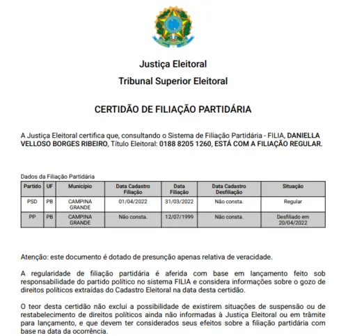 
					Daniella aparece filiada ao PSD, e TRE dá três dias para ela comprovar filiação ao PP
				
				