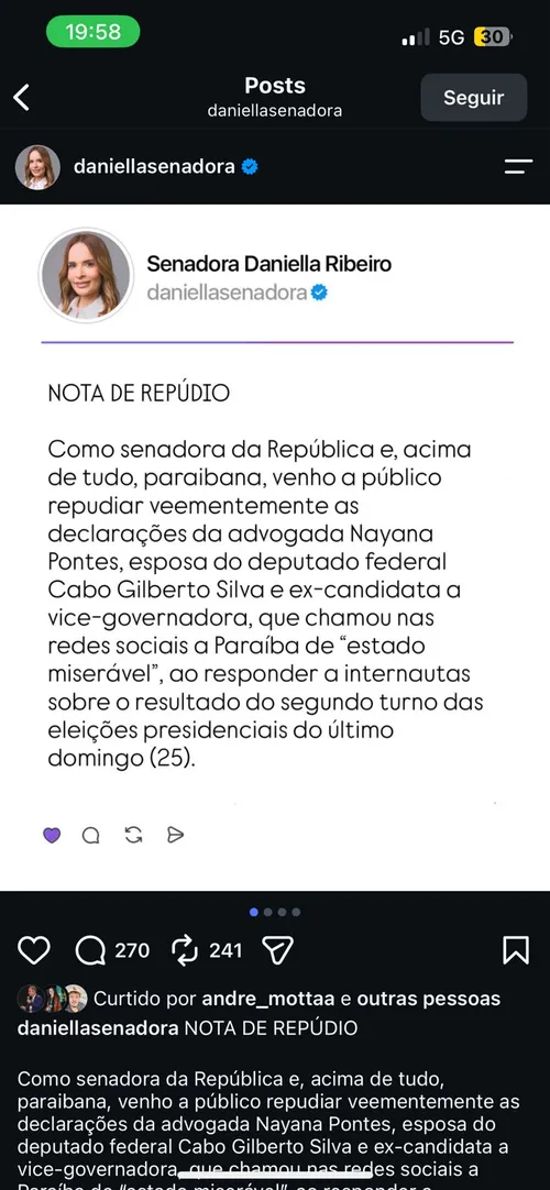 
					Daniella repudia publicação de ex-candidata a vice do PL sobre a Paraíba
				
				