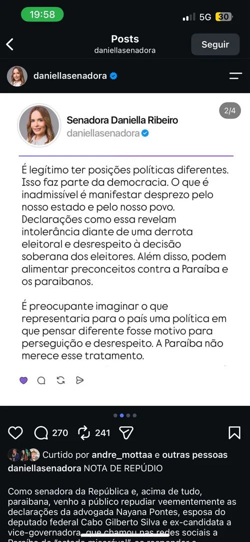 
					Daniella repudia publicação de ex-candidata a vice do PL sobre a Paraíba
				
				