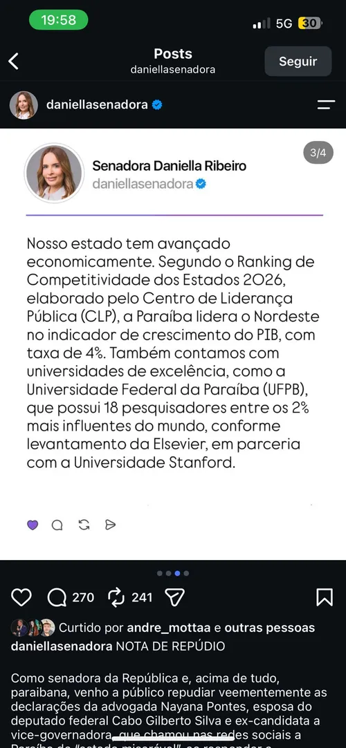 
					Daniella repudia publicação de ex-candidata a vice do PL sobre a Paraíba
				
				