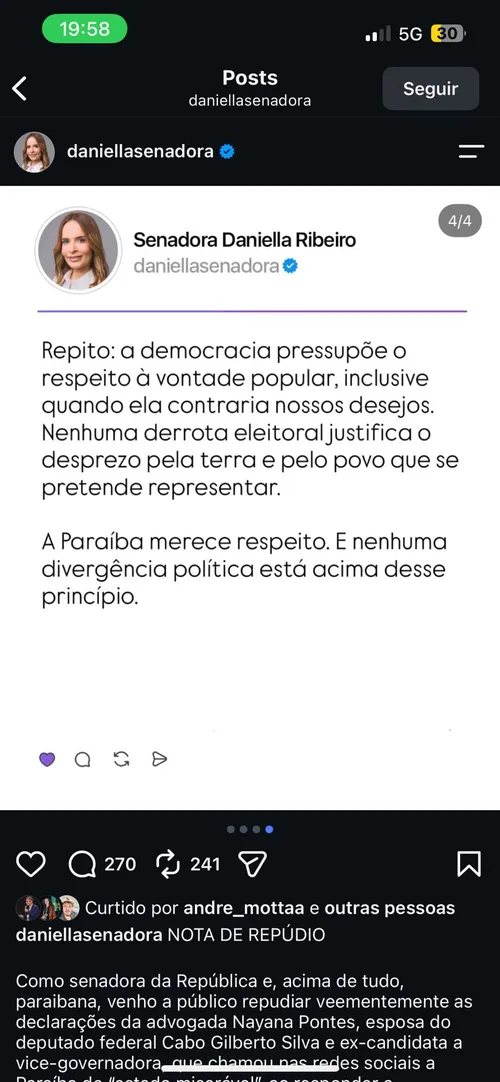 
					Daniella repudia publicação de ex-candidata a vice do PL sobre a Paraíba
				
				