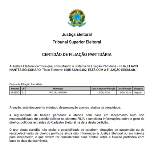 
					Flávio Bolsonaro aparece filiado ao Missão, e PL não consegue registrar candidatura à Presidência
				
				