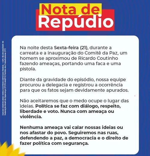 
					Homem armado tenta invadir comitê de Ricardo Coutinho, faz ameaças e é preso em flagrante
				
				