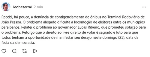 
					Lucas e Léo Bezerra trocam cobranças para problemas no transporte de eleitores em João Pessoa
				
				