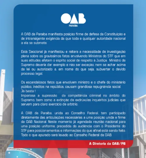 
					OAB-PB chama de “escandalosos” casos envolvendo Moraes e Gonet e pede investigação
				
				