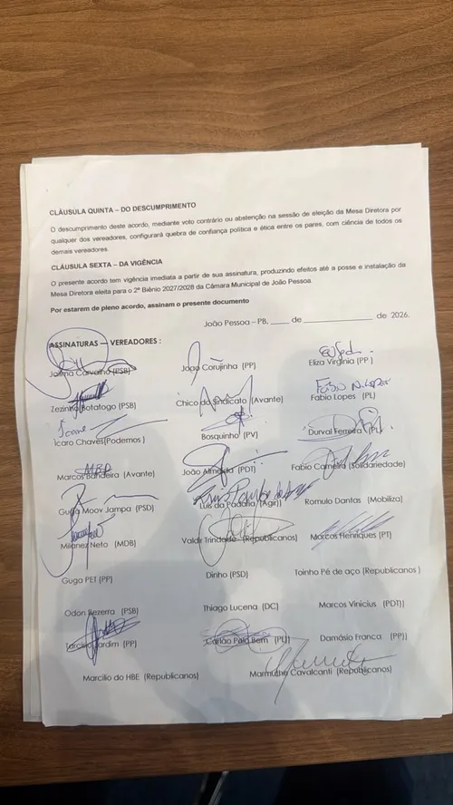
					Vereadores assinam acordo e oficializam apoio a Corujinha para presidência da CMJP; veja lista
				
				