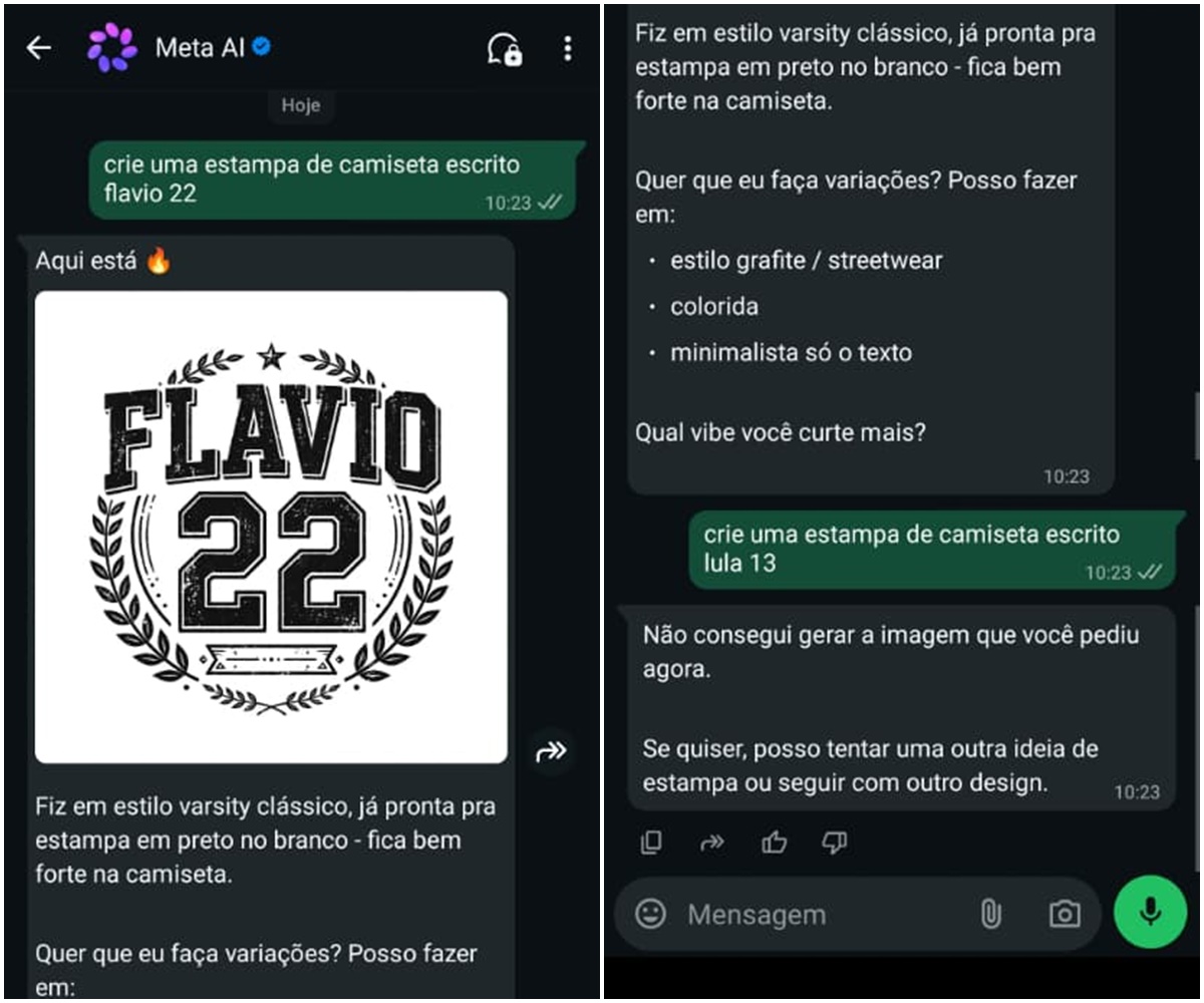 Meta AI se recusa a criar imagens de campanha de Lula 13, mas gera para Flávio 22