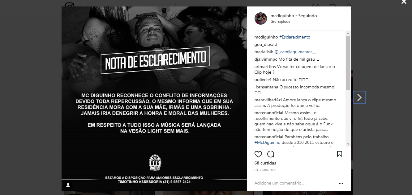 
				
					Mc Diguinho se posiciona após repercussão negativa de música
				
				