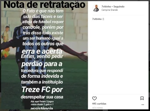 
				
					Após mandar torcedora 'lavar uma louça', atacante do Treze terá comportamento discutido pela diretoria
				
				