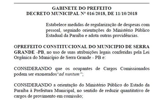 
				
					Prefeito de Serra Grande exonera todos comissionados e prestadores de serviço do município
				
				