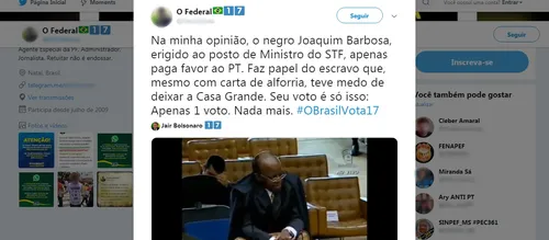 
				
					PF investiga conduta de policial que chamou Joaquim Barbosa de 'escravo alforriado'
				
				