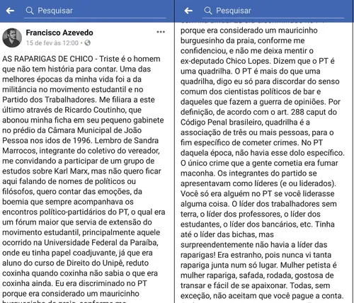 
				
					Delegado é afastado de delegacia após postagem ofendendo mulheres do PT
				
				