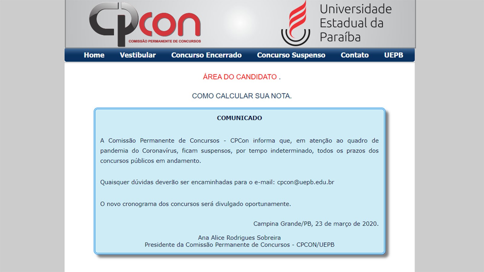 
				
					Prazos de três concursos públicos da PB são suspensos por conta do coronavírus
				
				