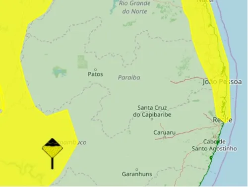 
				
					Inmet emite alerta de perigo potencial, com possibilidade de chuva em 34 cidades da PB
				
				