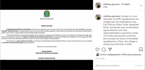 
				
					Valdiney Gouveia é empossado pelo MEC como reitor da UFPB
				
				