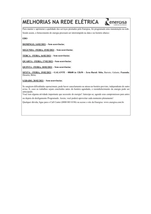 
				
					EDITAL DA ENERGISA “AVISO DE DESLIGAMENTO PROGRAMADO PARA MELHORIA DA REDE ELÉTRICA” - 14/02/2021 a 20/02/2021
				
				