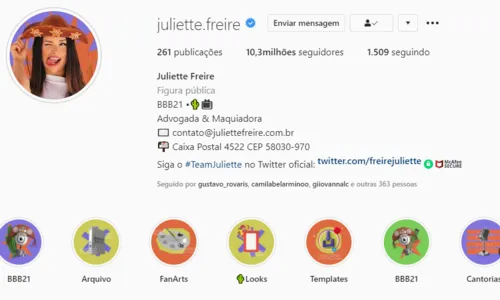 
                                        
                                            BBB21: Juliette atinge marca de 10 milhões de seguidores no Instagram
                                        
                                        