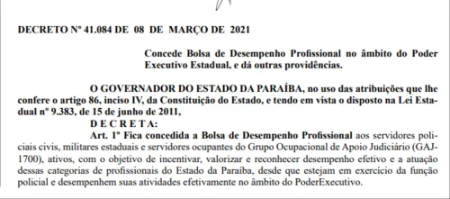 
				
					Governo da PB concede bolsa de desempenho profissional a grupos de servidores
				
				