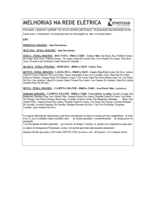 
				
					EDITAL DA ENERGISA “AVISO DE DESLIGAMENTO PROGRAMADO PARA MELHORIA DA REDE ELÉTRICA” - 01/04/2021
				
				