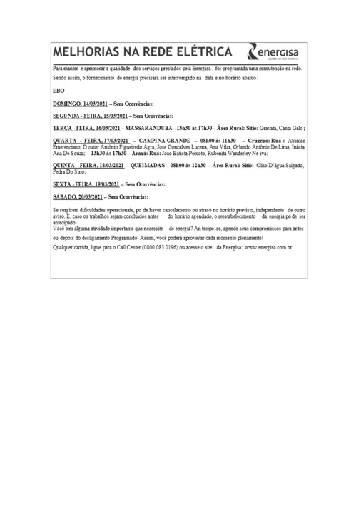 
				
					EDITAL DA ENERGISA “AVISO DE DESLIGAMENTO PROGRAMADO PARA MELHORIA DA REDE ELÉTRICA” - 11/03/2021
				
				