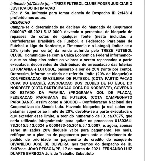 
				
					Um dia antes de jogo da Copa do Brasil, Treze alcança maior vitória da temporada, na Justiça do Trabalho
				
				