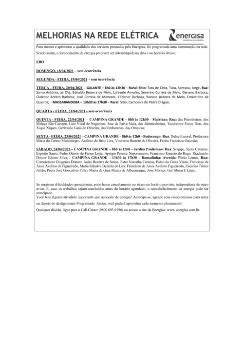 
				
					EDITAL DA ENERGISA “AVISO DE DESLIGAMENTO PROGRAMADO PARA MELHORIA DA REDE ELÉTRICA” - 15/04/2021
				
				