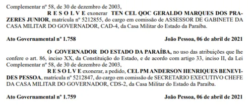 
				
					Governo da Paraíba exonera chefe da Casa Militar e presidente da Fundac
				
				