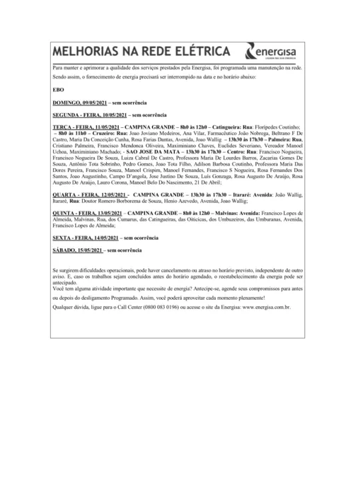 
				
					EDITAL DA ENERGISA “AVISO DE DESLIGAMENTO PROGRAMADO PARA MELHORIA DA REDE ELÉTRICA” - 06/05/2021
				
				