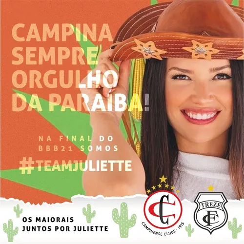 
				
					Campinense e Treze se unem em torcida a favor de Juliette na final do BBB21
				
				