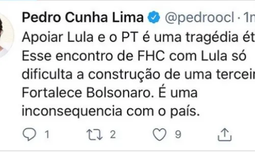 
				
					"Um encontro inconsequente e constrangedor", disse Pedro Cunha Lima sobre Lula e FHC
				
				