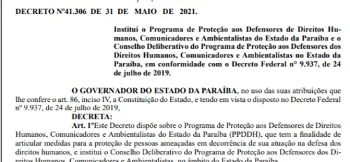 
				
					Governo cria Programa de Proteção aos Defensores de Direitos Humanos, Comunicadores e Ambientalistas da PB
				
				