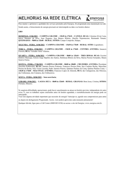 
				
					EDITAL DA ENERGISA “AVISO DE DESLIGAMENTO PROGRAMADO PARA MELHORIA DA REDE ELÉTRICA” - 10/06/2021
				
				