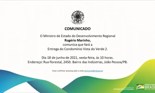 
				
					Ministro Rogério Marinho participa de entrega de apartamentos em João Pessoa nesta sexta-feira
				
				