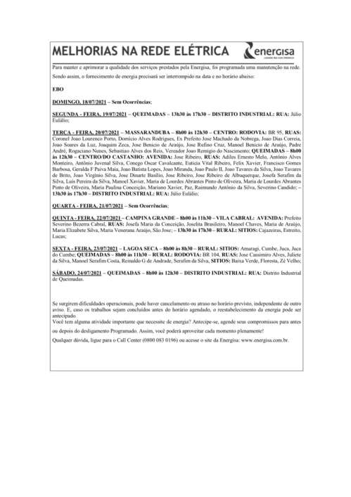 
				
					EDITAL DA ENERGISA “AVISO DE DESLIGAMENTO PROGRAMADO PARA MELHORIA DA REDE ELÉTRICA” - 15/07/2021
				
				