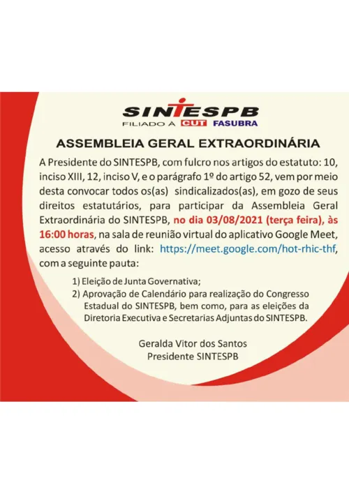 
				
					ASSEMBLEIA GERAL EXTRAORDINÁRIA SINTESPB - 29/07/2021
				
				