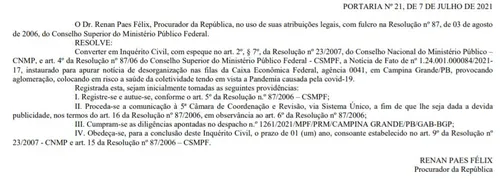 
				
					Ministério Público Federal apura aglomeração em filas de banco de Campina Grande
				
				