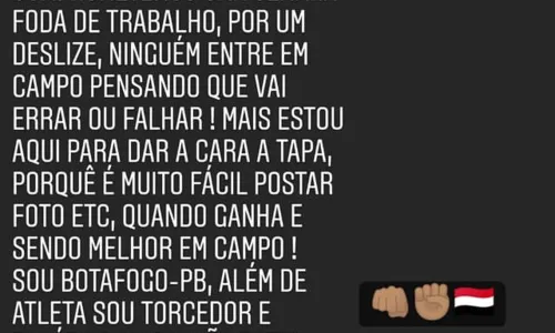 
				
					Em rede social, goleiro Rhuan pede desculpas à torcida do Botafogo-PB por falhas em derrota contra o Tombense
				
				