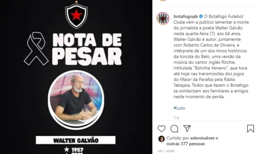 
				
					Morre o jornalista Walter Galvão, autor e compositor de uma das músicas mais populares do Botafogo-PB, "Botinha Veneno"
				
				