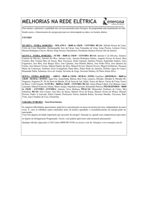 
				
					EDITAL DA ENERGISA “AVISO DE DESLIGAMENTO PROGRAMADO PARA MELHORIA DA REDE ELÉTRICA” - 02/08/2021
				
				