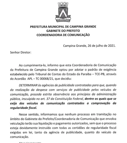 
				
					Após decisão do TCE, gestores públicos exigem "regularidade fiscal" de empresas para pagar por publicidade institucional
				
				