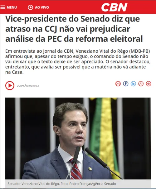 
				
					Veneziano diz que é contra volta das coligações partidárias e acha que PEC não avança no Senado
				
				