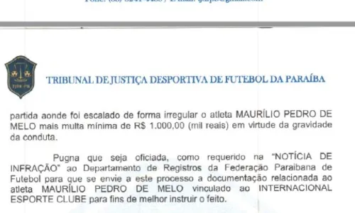 
				
					Procuradoria do TJDF-PB acolhe denúncia do Botafogo-PB e pede perda de pontos do Internacional-PB no Paraibano Sub-20
				
				