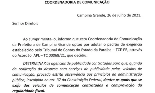 
				
					Após decisão do TCE, gestores públicos exigem "regularidade fiscal" de empresas para pagar por publicidade institucional
				
				