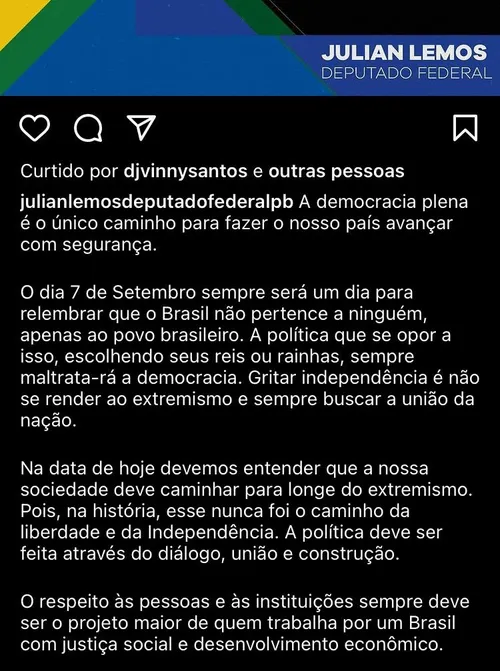 
				
					Com exceção de Veneziano, Julian e Gervásio, bancada da PB reage de forma tímida aos atos antidemocráticos
				
				