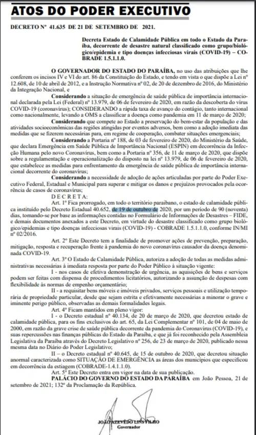 
				
					Governo da Paraíba renova decreto de calamidade por causa da pandemia da Covid-19
				
				