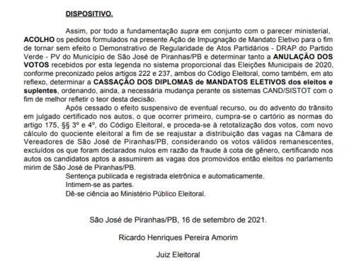 
				
					Justiça cassa mandato de vereador e reconhece candidatura 'laranja' na Paraíba
				
				