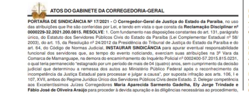 
				
					Inquérito fica parado mais de quatro anos e Corregedoria do TJPB instaura sindicância
				
				