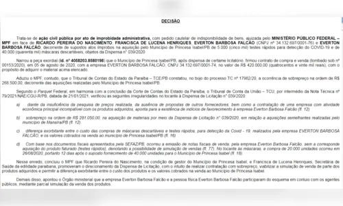
				
					Justiça manda bloquear bens de prefeito, secretária de saúde e empresa investigada em compras da Covid-19
				
				