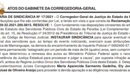 
				
					Inquérito fica parado mais de quatro anos e Corregedoria do TJPB instaura sindicância
				
				